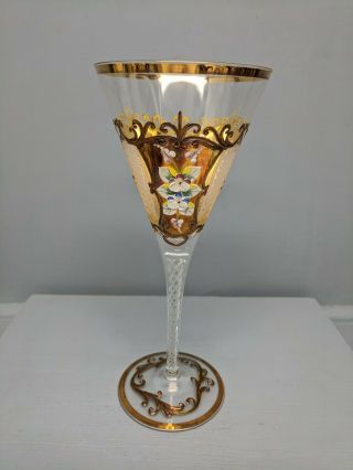 Moser Or Moser Style Air Twist Cut Glass Stem Ornate Gold Enamel Champagne Wine
