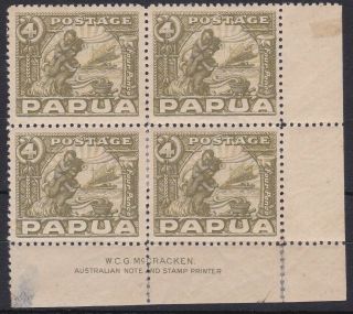 Png950) Papua 1932 Pictorials 4d Olive - Green Sg 135,  Mc Cracken Imprint Block Of