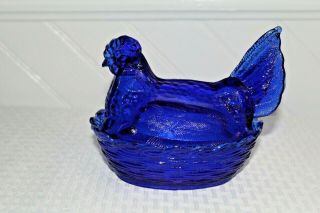 Cobalt Blue Hen Chicken On Nest Covered Dish