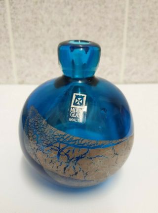 Mdina Small Squat Art Glass Bud Vase Blue Gold Hand Blown Signed