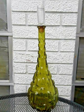Vintage Mid Century Olive Green Bubble Glass Bottle Genie Stamped Made In Italy