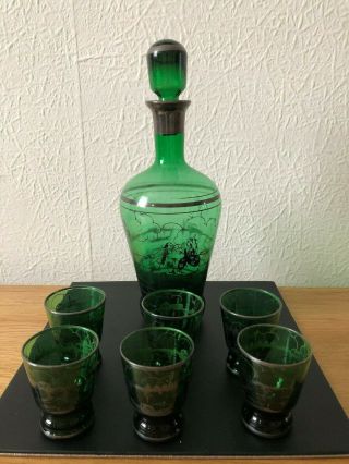 Vintage Venetian Green Glass Decanter And Six Glasses - Silver Overlay