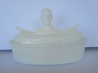 Antique Flaccus Glass Co Admiral Dewey Covered Milk Glass Candy / Butter Dish