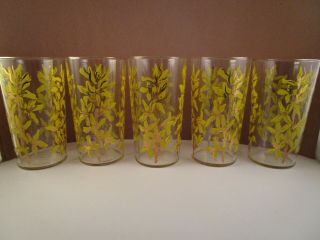 Vintage Set Of 5 Clear Glass Swanky Swig Yellow Flowers Drinking Glasses Tumbler