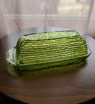 Vintage Covered Butter Dish Anchor Hocking Soreno Avocado Green Textured Glass
