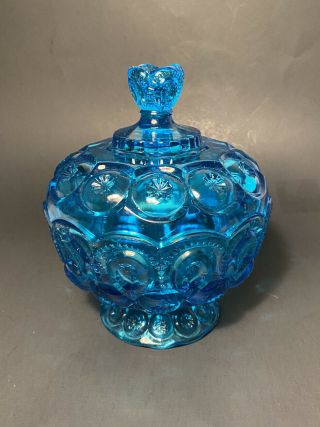 Le Smith Moon And Stars Blue Glass Compote Dish W/ Lid Scalloped