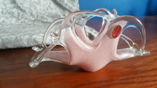 Vintage Murano Italy Art Glass Napkin Holder Vase Pink & Clear Glass Label