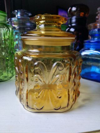 Vintage Le Smith Scroll Pattern Amber Glass Apothecary Jar Canister