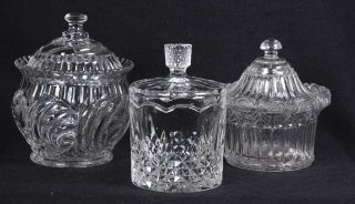(3) Vintage Clear Glass Lidded Candy Dish & Jelly Dish 6 " H,  5.  25 " H,  4.  75 " H