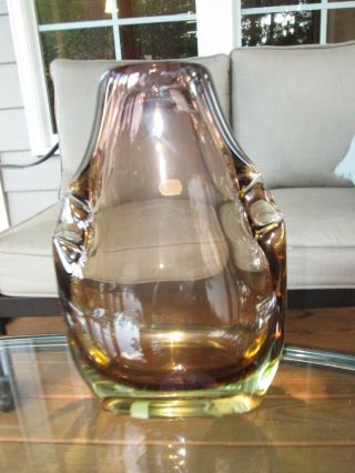 Large & Heavy Hand Blown Art Glass Vase Bohemia,  Czecheslovakia Smoked To Honey