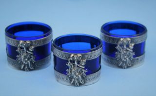 Antique Set Of 3 Silver Plated Cobalt Blue Glass Insert Candle Holders