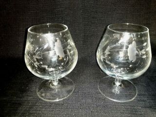 Set Of 2 Vintage Princess House Crystal Brandy Snifters W/ Etched Flowers ` Usa
