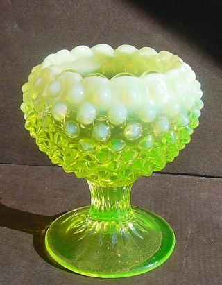 Vtg Fenton Hobnail Opalescent Topaz Vaseline Glass Ivy Ball Pedestal Vase Exc