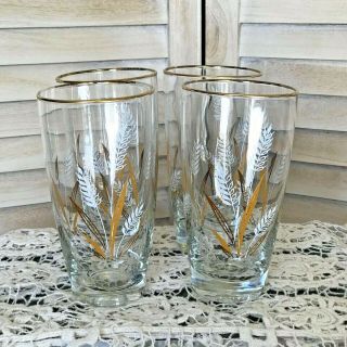 Vintage Libby Wheat Tumblers Glasses Gold Rim White And Gold Wheat 6 " Set Of 4