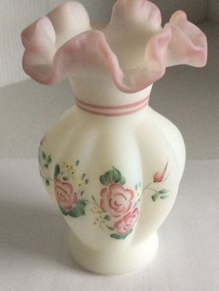 Fenton White Satin Glass Vase With Pink Roses Hand Painted
