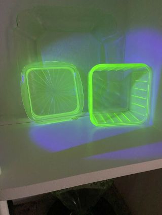 Vintage Green Depression Uranium Glass Ribbed Refrigerator Dish With Lid