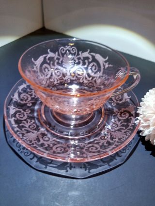 Rare Pink Depression Fostoria Versailles Footed Cup And Saucer Set 3