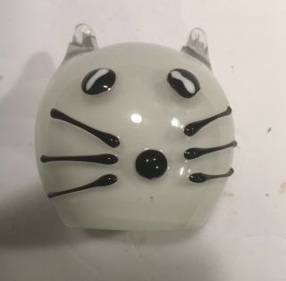 Art Glass Cat Face Head Paperweight White With Black Whiskers
