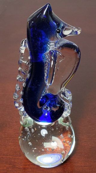 Vintage Murano Blue Art Glass Seahorse Cobalt Blue And Clear On Bubble Base
