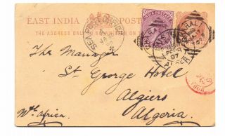 India 1897 ¼a Card Uprated 1a Sea Post To Algeria