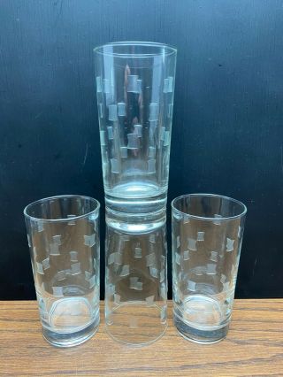 4 Vintage Libbey Clear Drinking Glasses Etched Squares Geometric 5 1/2” Tumblers