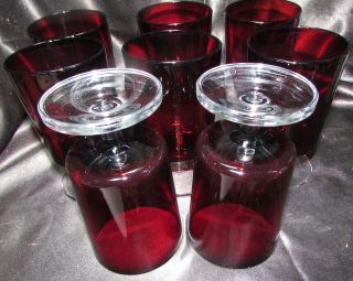 8 Vintage Arcoroc Luminarc Ruby Red Glasses - Clear Stem - France 5 1/4 " Tall