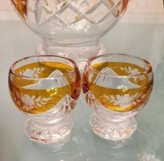 Bohemian Cordial Shot Glasses Set Of 2 Amber Cut To Clear Crystal