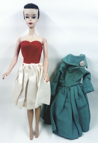 Vintage 1960 Barbie 3/ 4 Brunette Ponytail - Hair Cut With 2 Dresses