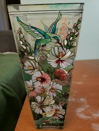 Amia Hand Painted Colorful Stained Glass Hummingbird Flower 10 " Vase Denver Co