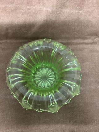 Art Deco Uranium Green Pressed Glass vase with frog,  Sowerby 2