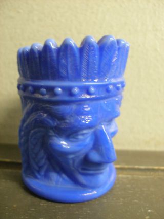 Rare Vintage Joe St.  Clair Carnival Blue Slag Glass Indian Head Toothpick Holder