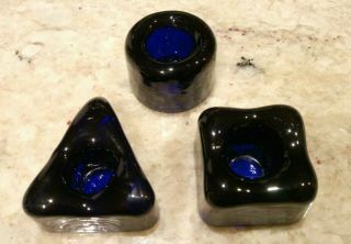 Set Of 3 Vintage Mcm Blenko Cobalt Blue Glass Geometric Modern Candle Holders