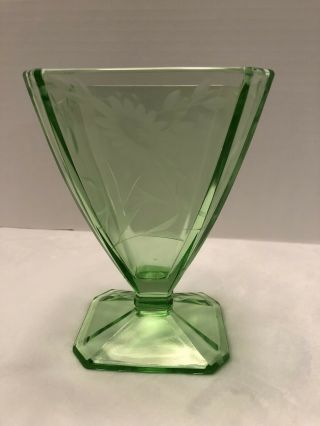 Vintage Depression Glass Uranium Green Etched Art Deco Style Vase 6” Tall Floral