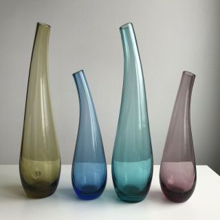 Set Of 4 Vintage Hand Blown Glass Vases,  Blue,  Yellow,  Aqua,  Lavender