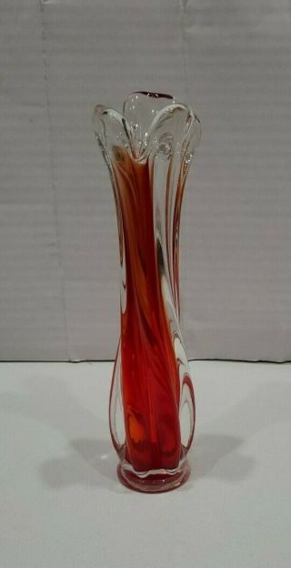 Vintage Murano Red Orange Twisted Bud Vase 9 " Tall