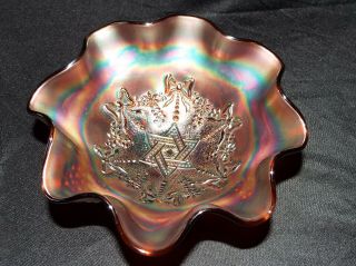 Northwood Star Of David & Bows Ruffled Carnival Glass Bowl Amethyst