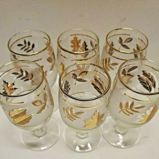 4 Vintage Mcm 1960s Cordial Wine Ball Stem Libbey Gold Leaf Frosted Glass 5 "