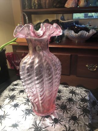 Fenton Vase 11  Tall Dusty Rose Pink Swirl Optic Ruffled Top