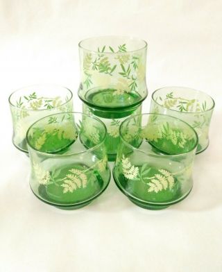 Vintage Set Of 6 Libbey Juice Glasses Green With Yellow Flowers Mcm