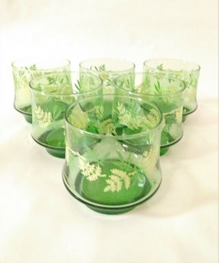 Vintage Set of 6 Libbey Juice Glasses Green With Yellow Flowers MCM 2