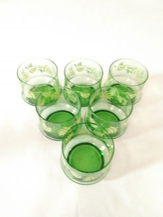 Vintage Set of 6 Libbey Juice Glasses Green With Yellow Flowers MCM 3