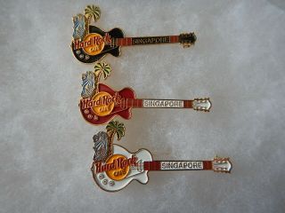 Hard Rock Cafe Singapore Rare Set Of 3 Merlion Black Red White Guitar Pins