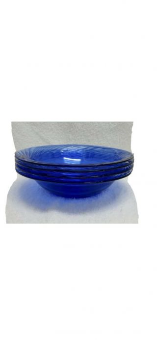 Set Of 4 Pyrex Festiva Cobalt Blue Glass Swirl Soup Cereal Bowls 7 1/2 "