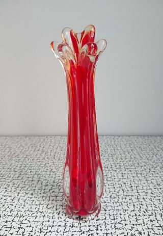 50s 60s Retro Vintage Red Orange & Clear Murano Freeform Art Glass Bud Stem Vase