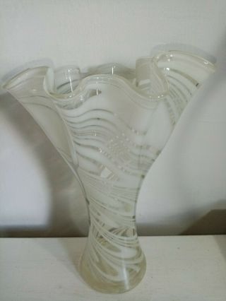 Tall Ruffled Rim Vase,  Clear With White Swirls