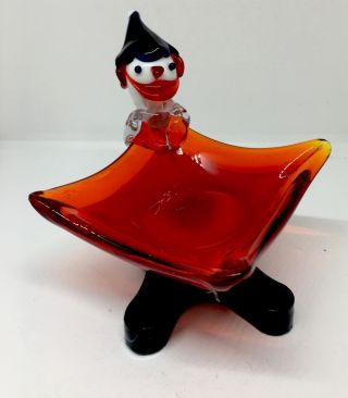 Vintage Murano Art Glass Clown Bowl Candy Or Trinket Dish Red White Blue