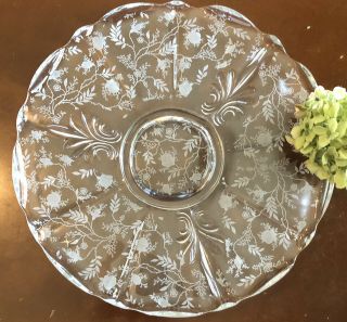 Vintage Fostoria Etched Glass Cake Cupcake Stand Scalloped Edge Plate Footed 13 "