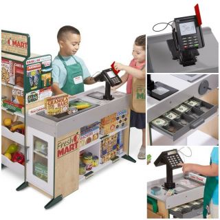 Wooden Grocery Store Conveyor Belt Card Swipe Machine Cash Drawer Kids Toy