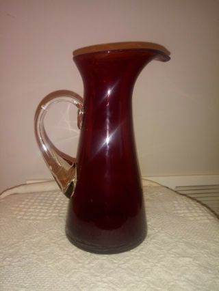 Vintage Ruby Red Glass Pitcher Vase With Clear Glass Handle Height: 7 " Tall