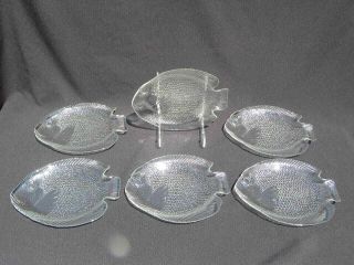 6 Vintage Arcoroc,  France,  10 ½” Clear Glass Poisson Fish - Shaped Dinner Plates